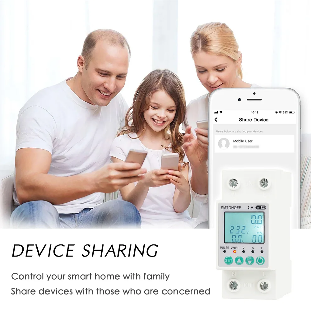 Tuya WiFi 2P 63A Bi-directional Measuring Prepaid kWh Meter Auto-reclosing Over