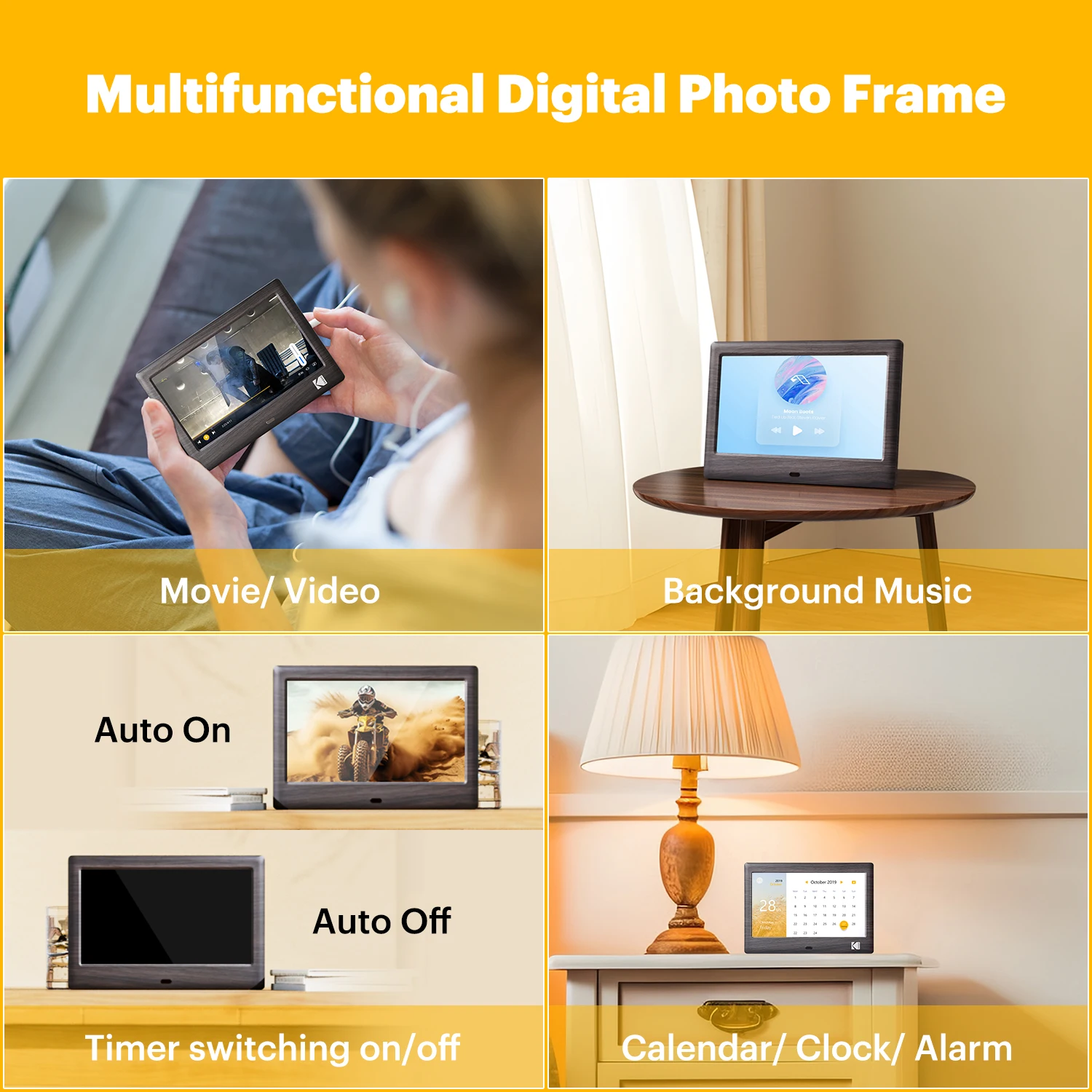 KODAK 7.8 Inch Digital Photo Frame with Remote Control, 1024*600 HD Screen, Electronic Album Video Music Clock Calendar Player