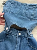 SINGREINY Women Strapless Denim Jumpsuits Hollow Out Design Pleated Slim High Quality Streetwear Fashion Casual Long Playsuits - Image 3