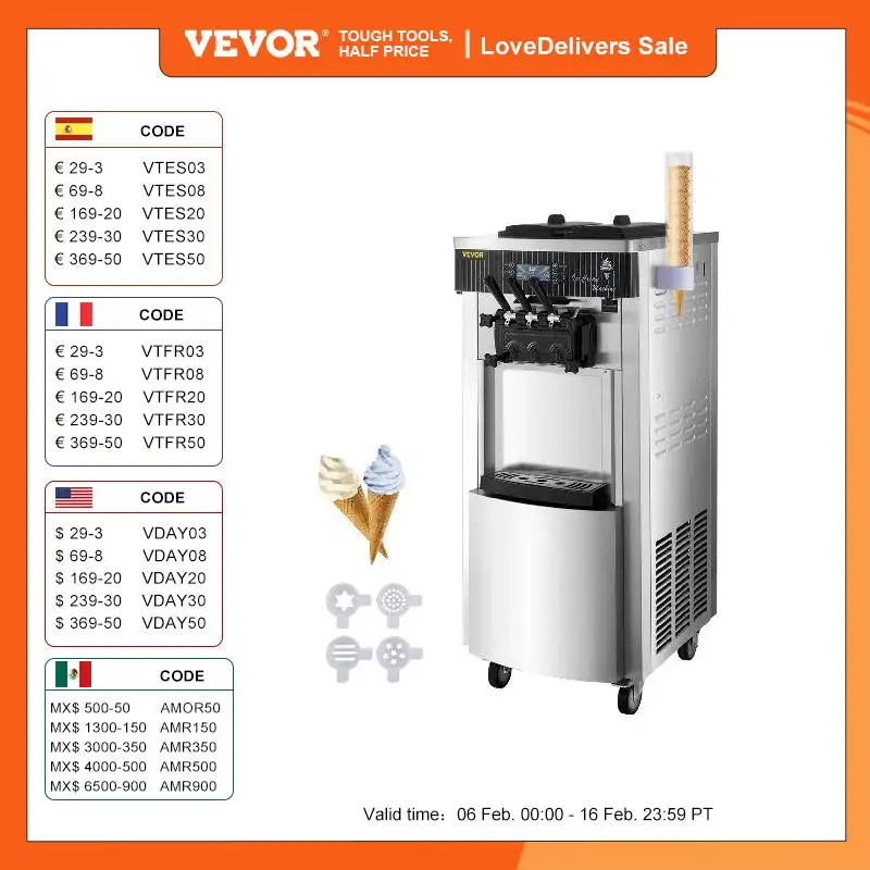 Vevor Macchina Elettrica Per Gelato Soft Da Terra 2200W 3 Gusti, Per Gelato Soft Yoghurt Sorbetto Crema Di Caffè Elettrica Da Terra Produttività 20-28
