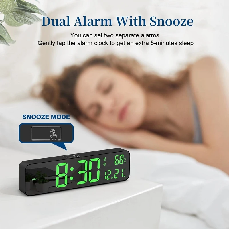 10Inch LED Digital Wall Clock Smart Brightness Touch Control Time Date Indoor Temperature 2 Alarm Clocks Snooze Large Desk Clock
