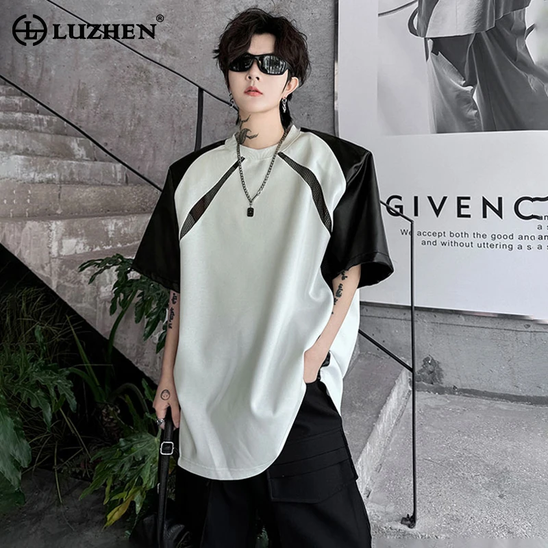 

LUZHEN Leather Mesh Hollow Design Fashion Short Sleeved T-shirts Personality Trendy Men Tops Korean Reviews Many Clothes LZ2606