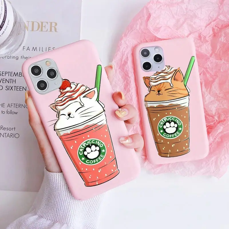 Cartoon Cute Chocolate Coffee Cat Capuccino Boba Milk Tea Phone Case Per Iphone 11 12 13 14 15Mini Pro Max 8 7S X Xr Color Cover
