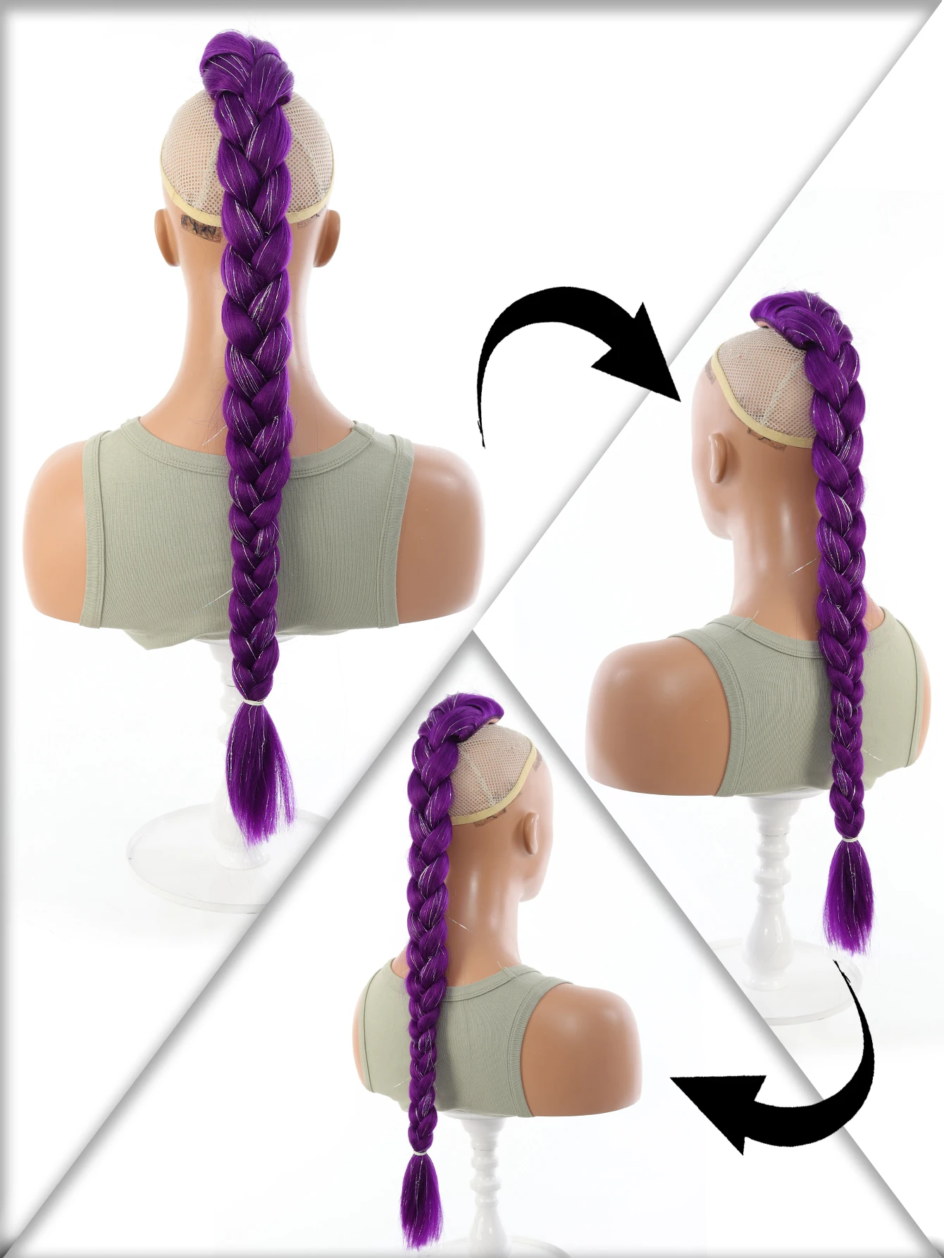 합성 포니테일 헤어 익스텐션, 글리터 브레이드, 26인치 긴 보라색 브레이드 포니테일, 코스프레 크리스마스용 이지 클립 포니테일