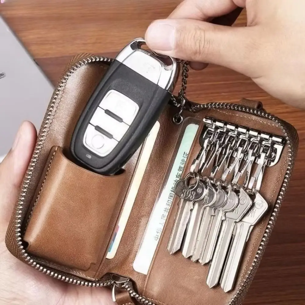 Retro PU Leather Key Organizer Pouch with Zipper Buckle