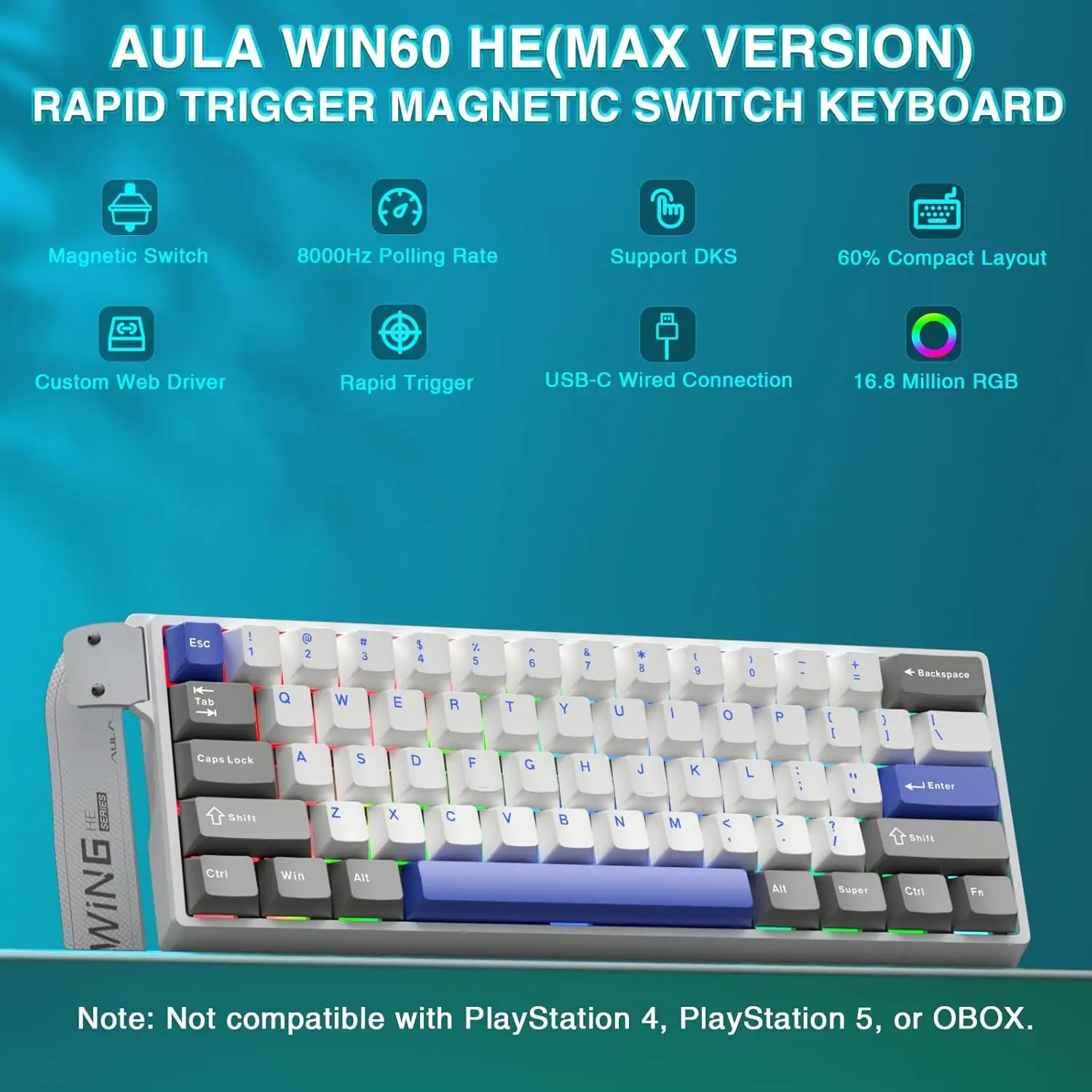AULA WIN60 HE Pro Max 유선 기계식 키보드 60% 핫스왑 홀 이펙트 마그네틱 스위치 8000Hz RGB 저지연 게이밍 키보드