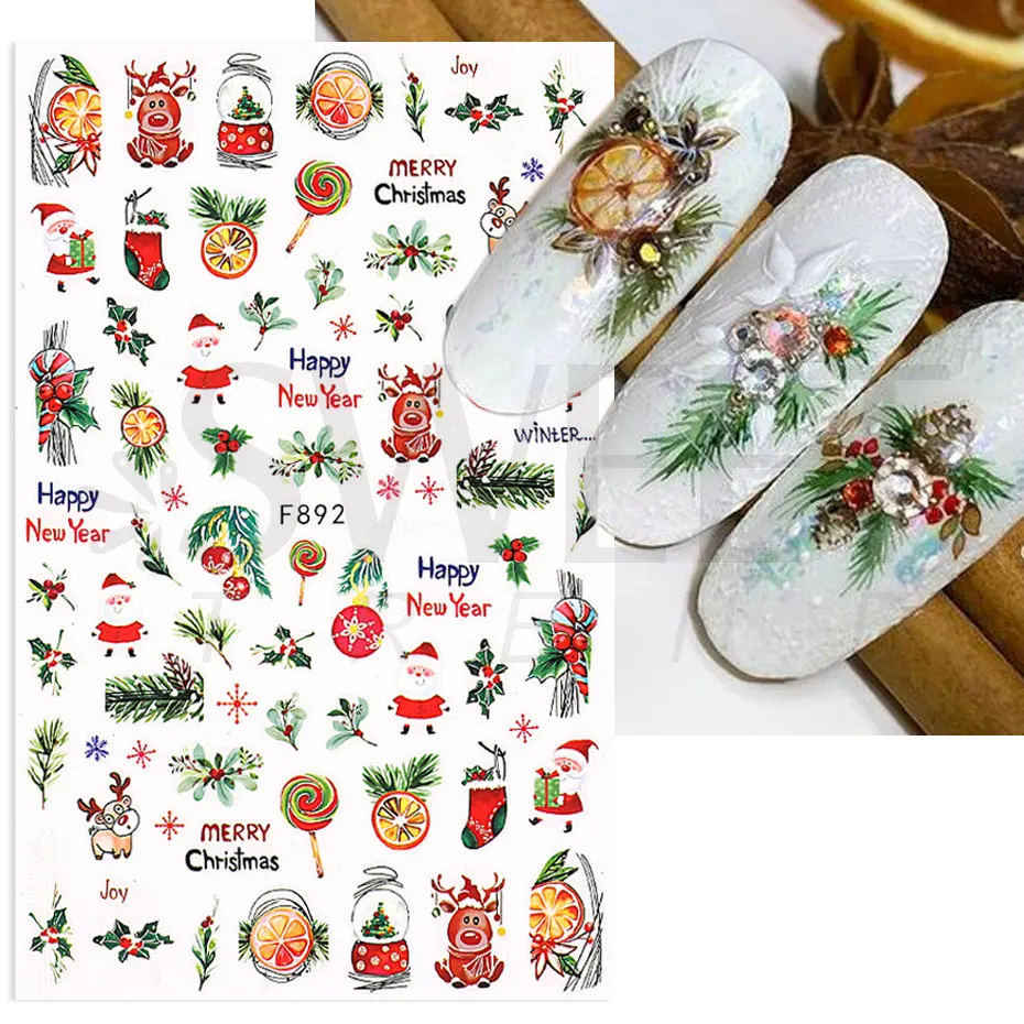 3D Christmas Sticker Nail Decal Winter Snowflake Holly Tangerines Cartoon Santa Bird New Year Nail Design Decoration BEF892 nail stickers,nail decals,nail art decoration
