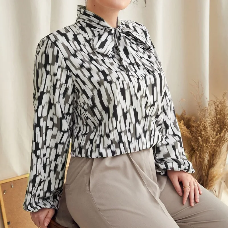 Spring Office Lady Leopard Print Pullover Plus Size Fashion Women Blouses 2023 Stand Collar Bow Bandage Long Sleeve Midi Shirt