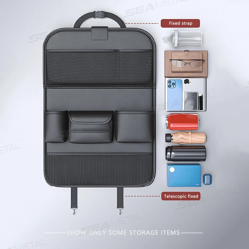 Black PU Car Seat Back Storage Bag with Foldable Tray