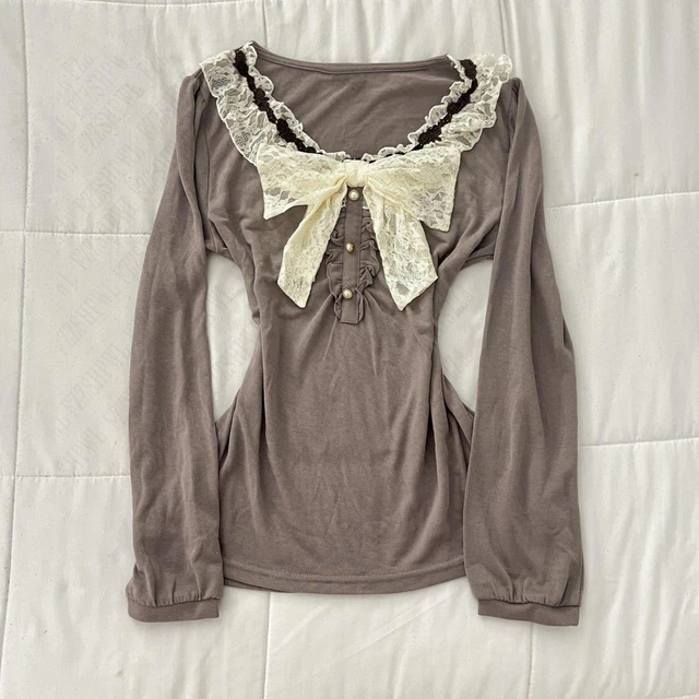 Doux esthétique Y2K femme mignon vêtements jeune fille T-shirt emo femme pull doux belle Henley hauts Coquette Kawaii Harajuku T-shirt 1
