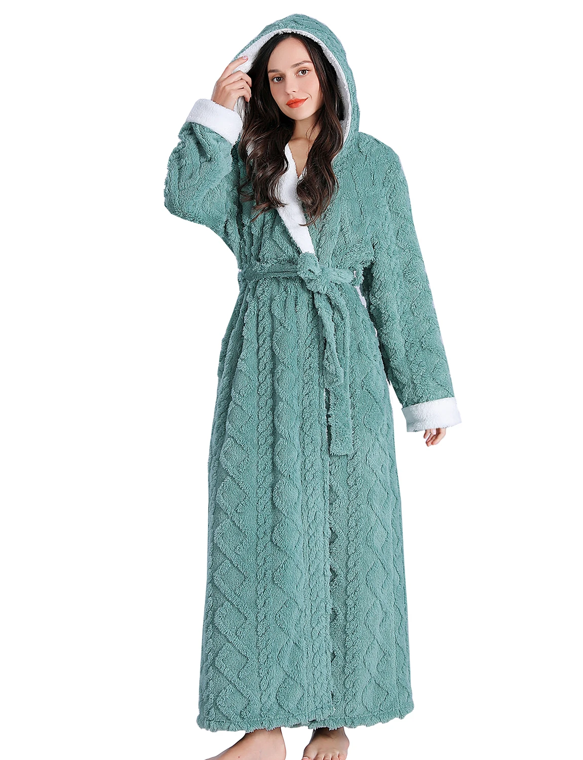 Womens Deep Pile Full Length Fleece Bathrobe with Sherpa Lined Hood & Cuffs