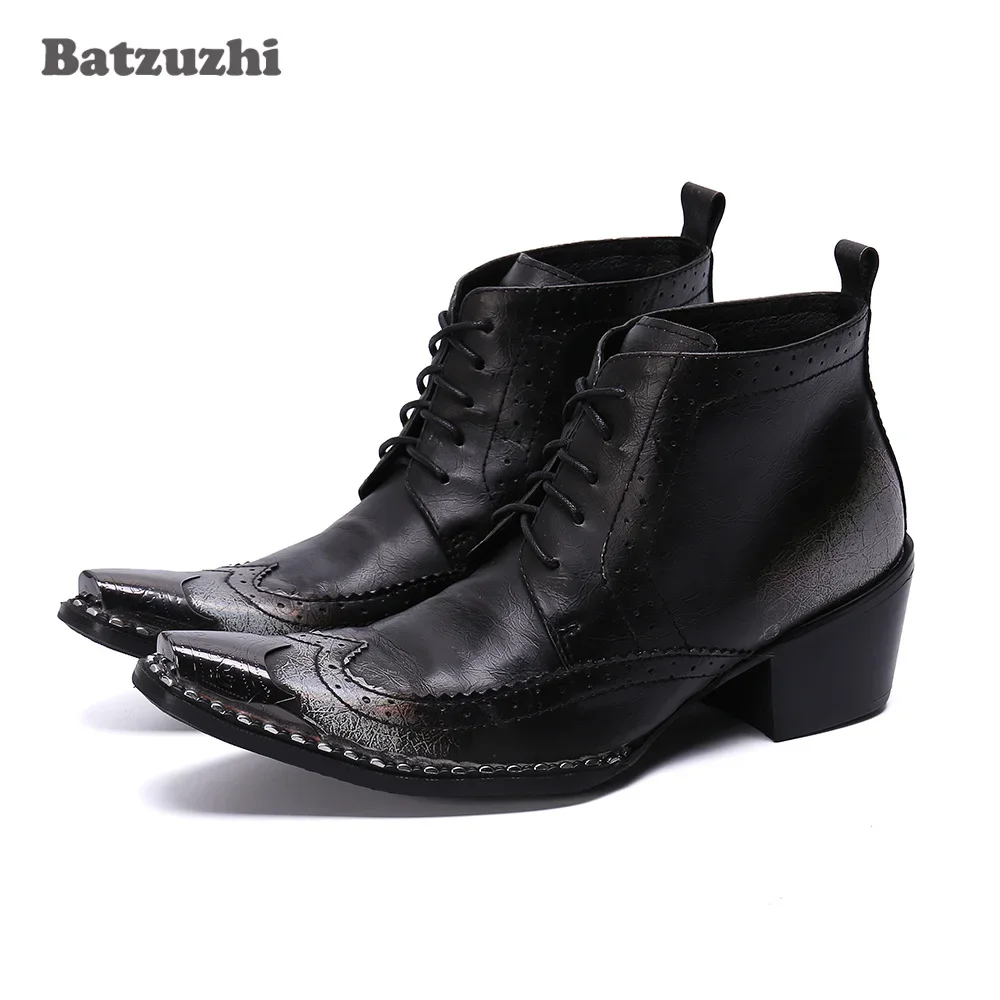 

Высокие мужские ботинки Batzuzhi 6,5 см, официальные кожаные ботильоны на шнуровке, мужские полусапожки с острым металлическим носком и свадебные ботинки!