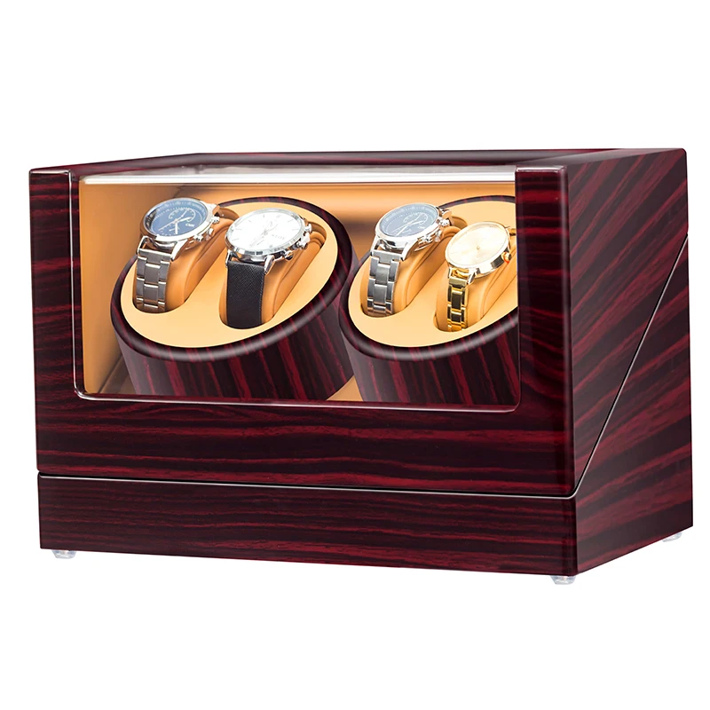 

JQUEEN Ebony Baking Finish 4 Watch Winder for Automatic Watches with Extremely Quiet Motor Interior Brown PU Leather