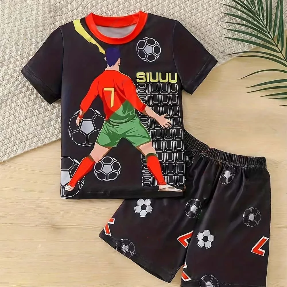 Modische Sommer-Sonderedition Ronaldo # 7-teiliges Kinder-T-Shirt-Shorts-Set Fußball Freizeit-Sporttrikot-Set Eltern-Kind-Outfit