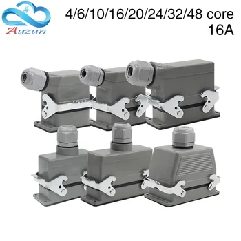 รูปสี่เหลี่ยมผืนผ้า Heavy Duty Connector HDC-HE4 6 10 16 20 24 32 48 Core Pin 16A กันน้ําปลั๊กด้านบนและด้านข้างสายเชื่อมต่อ 1