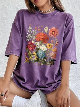 Vintage Hydrangea Flowers Prints Washed T-Shirts Womens Cotton Short Sleeve Tops Street O-Neck Oversize T Shirt Summer Clothes