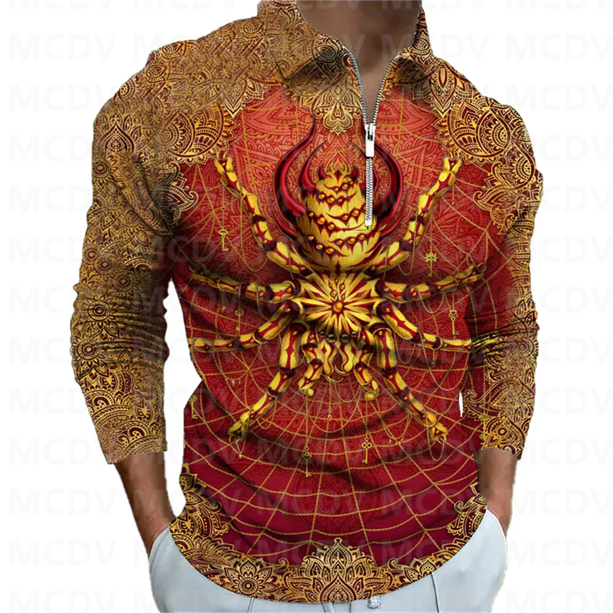 

2023 New Men's Long Sleeve Zipper Polo Shirt SpiderParrot 3D Printed Polo Long Sleeve T Shirt Casual Tops
