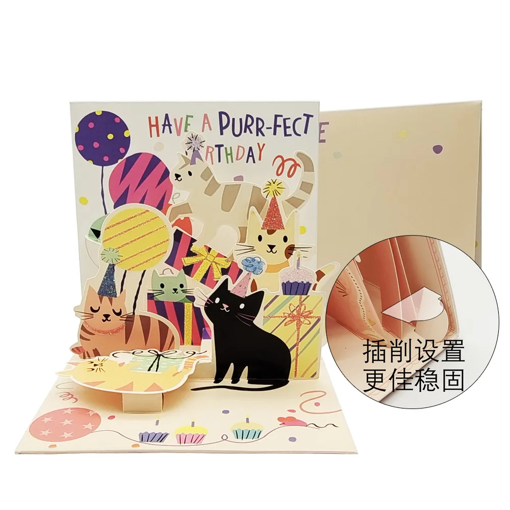 Greeting Cards Black Cat Lucky Cards Birthday 3D Greeting Card 90 Degrees Cute Cat Holiday Invitation Card Girls Gift Blessing
