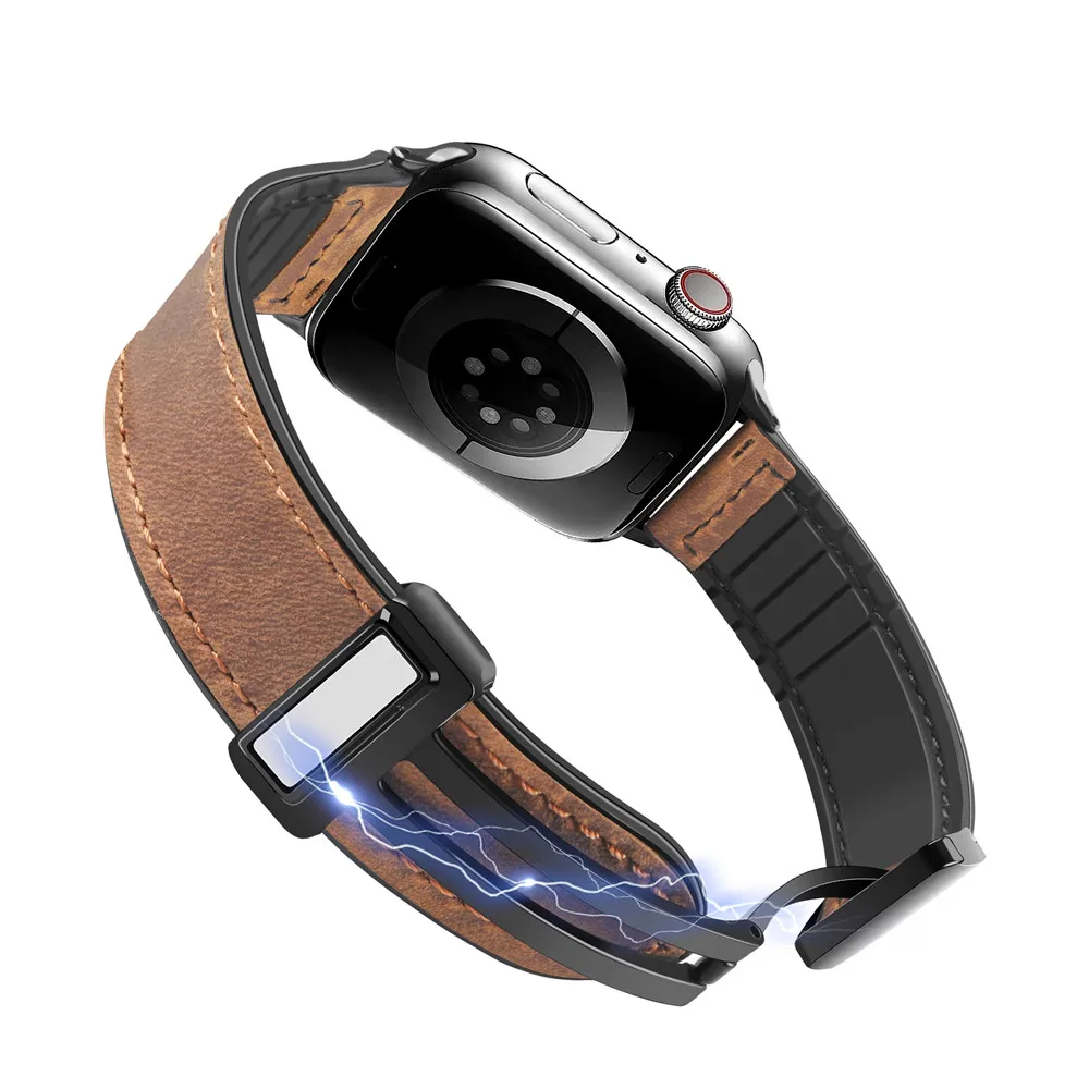 Magnetic Leather & Silicone Apple Watch Bracelet Band