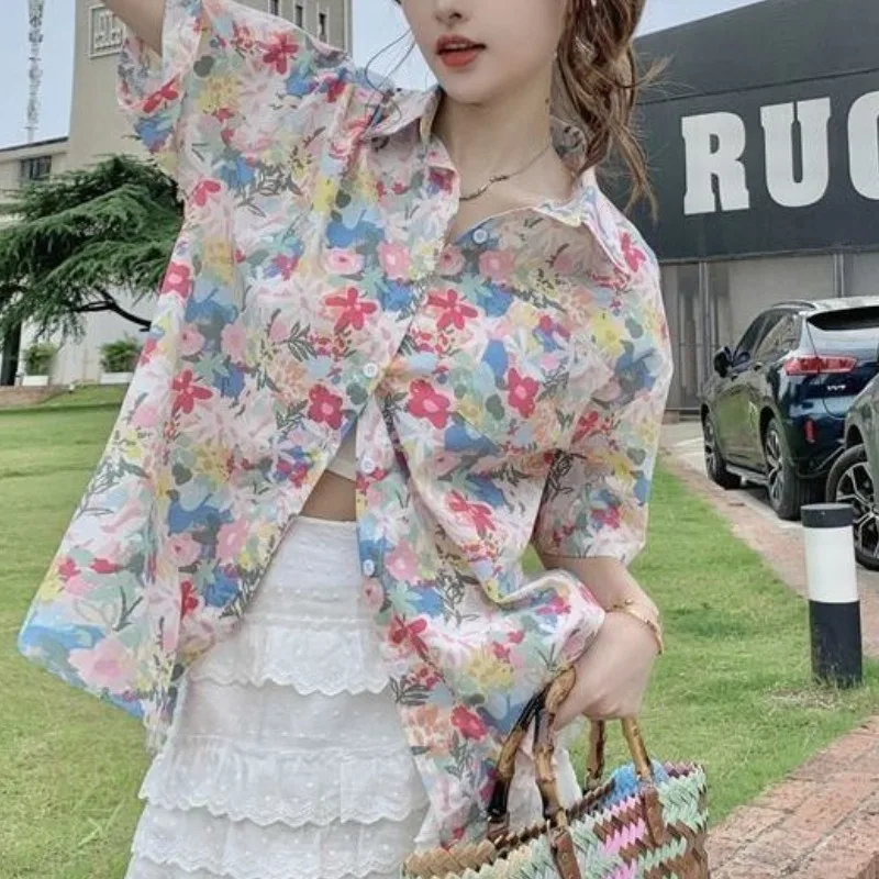 Sweet Vintage Summer New Women's Polo Neck Printing Single Breasted Fashion Casual Versatile Short Sleeve Loose Shirt Tops