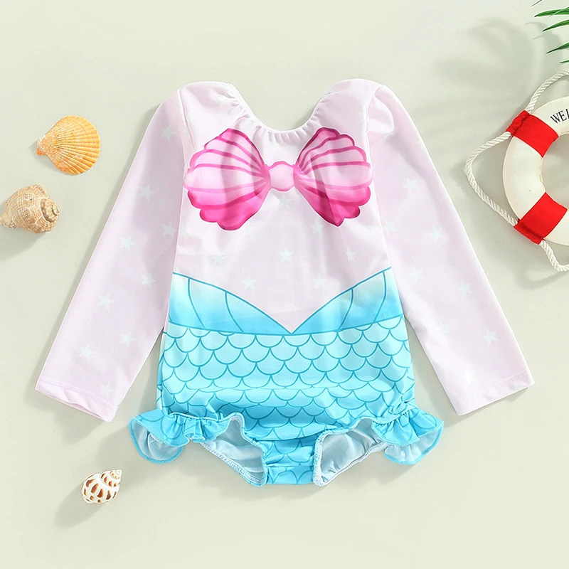 Toddler Baby Girls Mermaid Swimsuit Cute Long Sleeve Round Neck