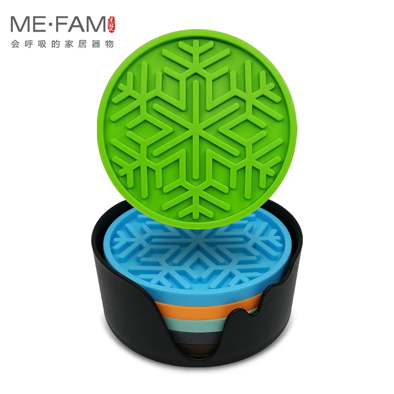 Thicken Silicone Round Coasters + Tray Holder Slip Insulation Tea Cup Mat Table Protection Christmas Home Decoration Set of 6