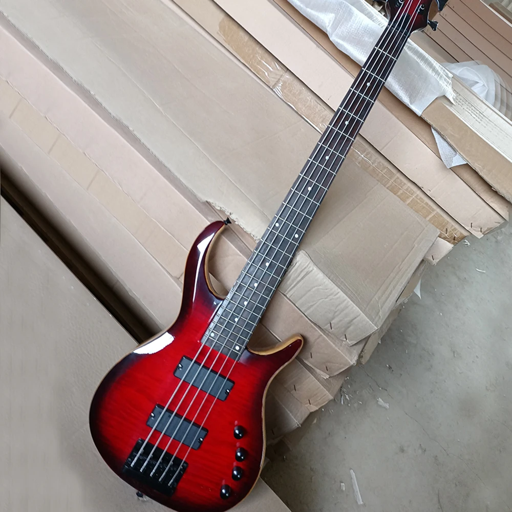 

5 Strings Red Ash Electric Bass Guitar with Rosewood Fretboard Neck Through Body Customizable