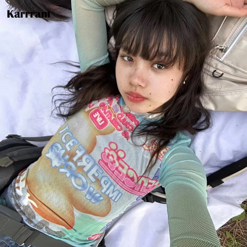 

Эстетичные сетчатые Топы Karrram Y2k 1920-х футболки с графическим принтом в японском стиле Харадзюку Прозрачные топы Fairyccore футболка E-girls