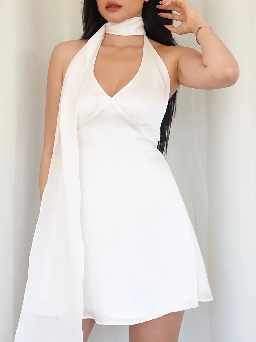 

Women's Mini A-Line Dress Casual Sleeveless Backless Halter Neck Solid Color Dress Beachwear with Scarf