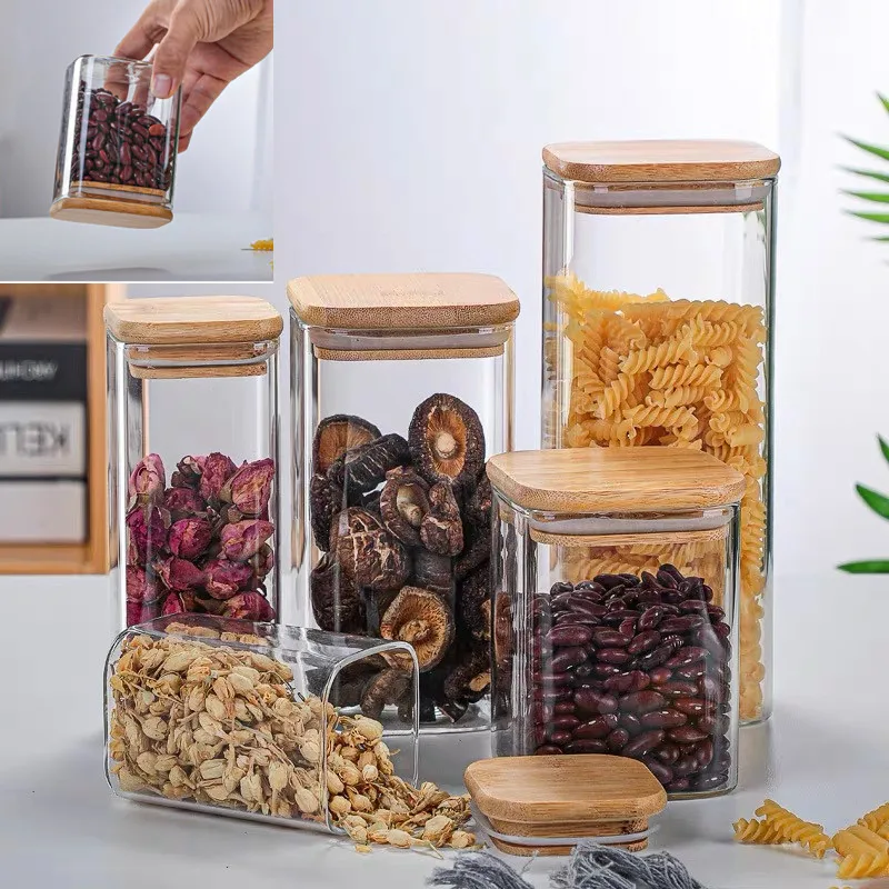 1X Square Glass Jars with Bamboo Lids Glass Airtight Kitchen Canisters Set Food Storage Container Pantry Spice Flour Storage Jar 2