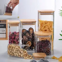 1X Square Glass Jars with Bamboo Lids Glass Airtight Kitchen Canisters Set Food Storage Container Pantry Spice Flour Storage Jar 2
