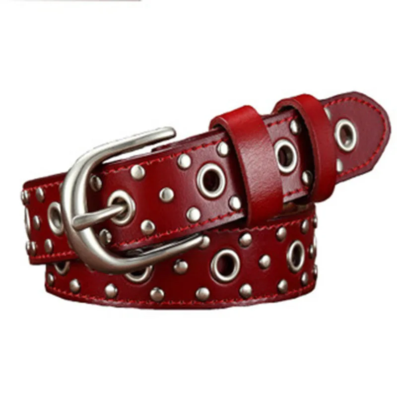 

Red White Green Cow Leather Rivet 2.8CM Waist Belt Hollow Out Punk Jeans Belt Hip Hop Real Cowhide Waistband Strap Cestus Women