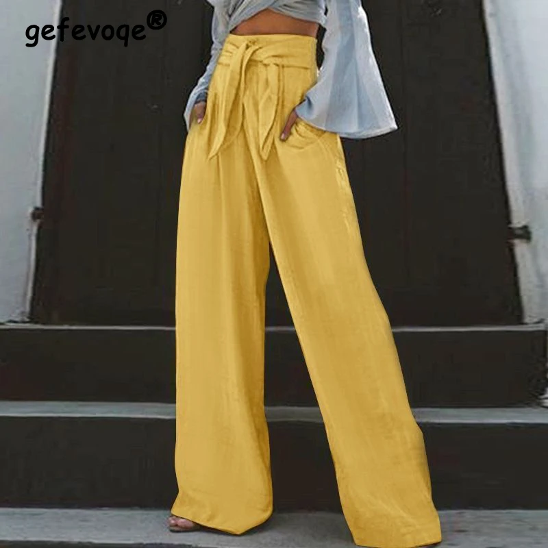 

Women's Clothing Vintage Lace Up Cotton Linen Wide Leg Pants Female Fashion High Waist Straight Trousers Casual Loose Pantalones