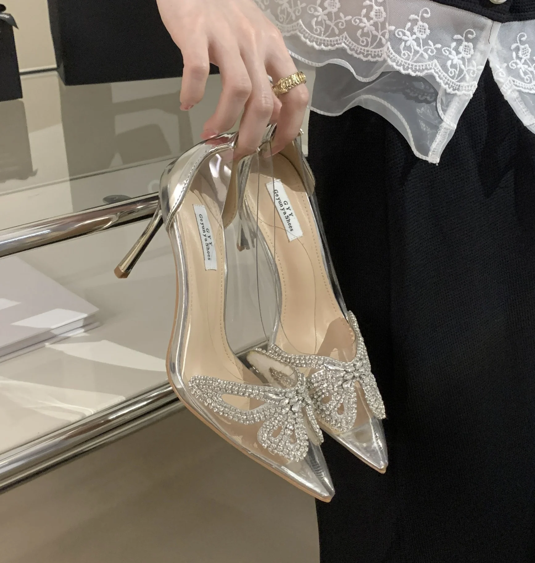 2024 New High Heels Women's Thin Heels, Pointed Toe, Transparent Water Diamond Bow Tie, Wedding Shoes, Single Shoes Women's
