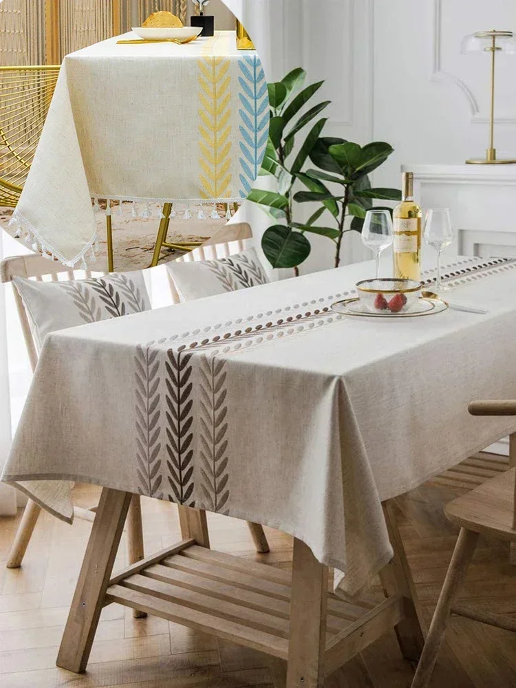 

1PCS Rustic Farmhouse Linen Tablecloth Embroidered Leaf Table Cover with Tassel Wrinkle Free Dining Room Decoration Wholesale X1