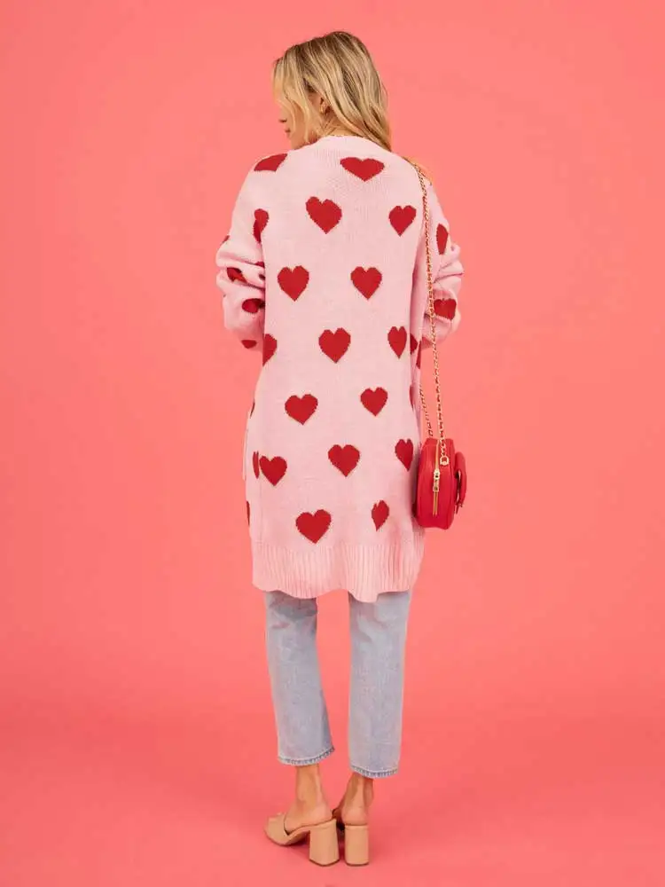 Boho Inspired jacquared hearts long cardigan women long sleeve