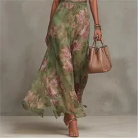Robe longue de soirée fluide en mousseline verte à imprimé floral pour femme, col halter, sans manches, taille froncée 3