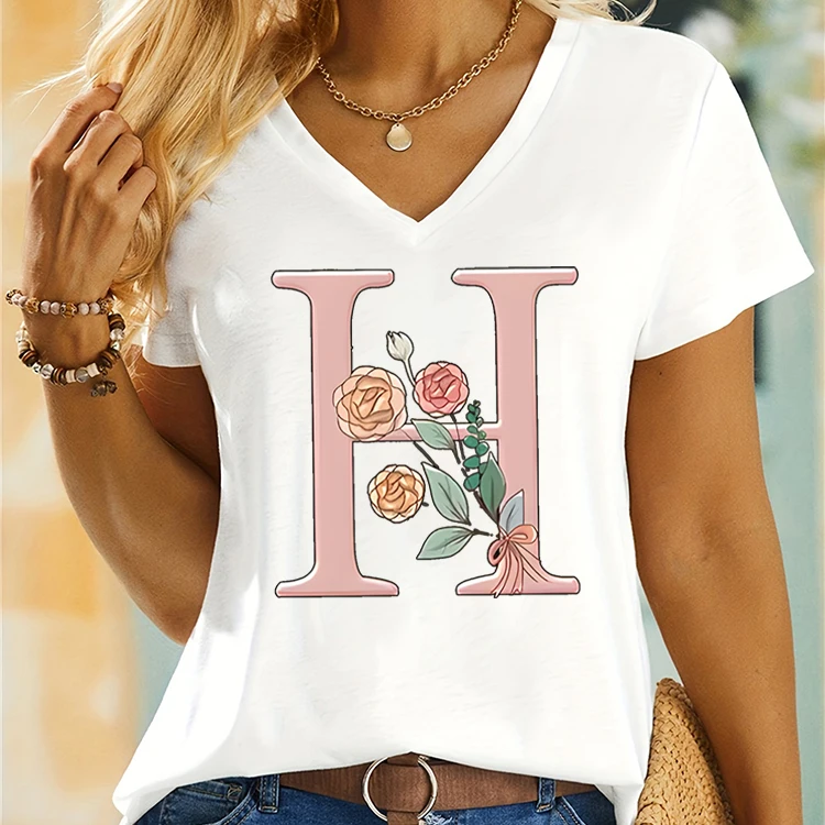 

Letter H T Shirts Women V Collar A-Z 26 Alphabet Flower Graphic Tee Women's Clothing Summer Cartoon 26 Alphabet Floral T-shirt