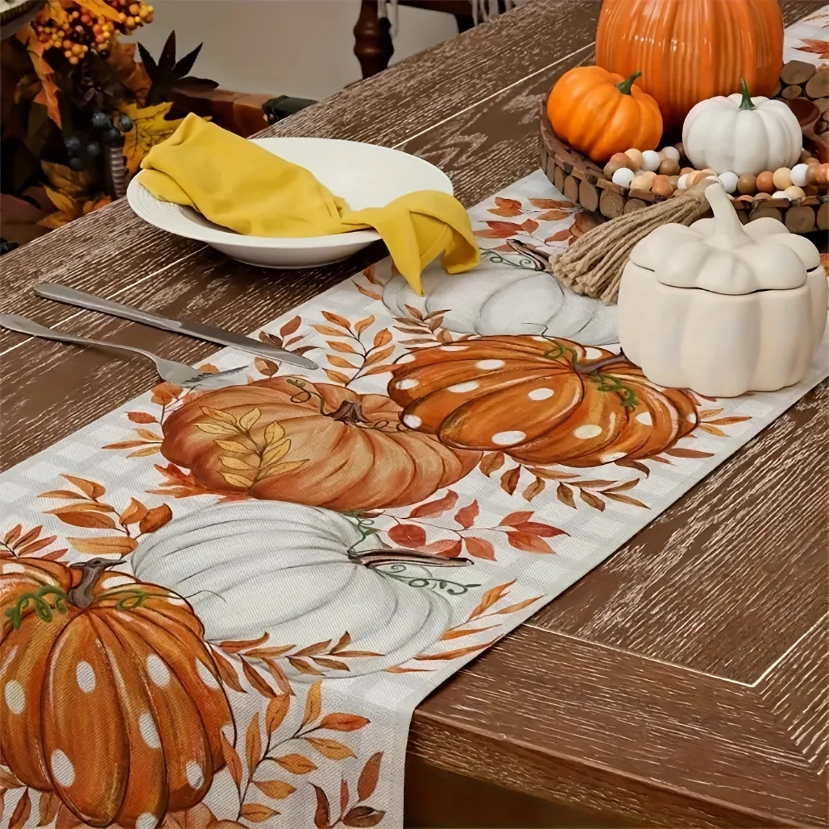 Table Runner - Pumpkin and Fall Leaves Design - Indoor & Outdoor