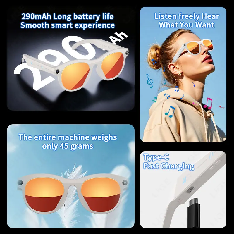 LIGE 2MP HD Camera AI Smart Glasses 720P Video Multifunction Bluetooth Call Voice Assistant Music Player Translate Sunglasses