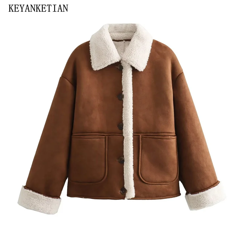 

KEYANKETIAN Winter New Women's Artificial Leather Double Faced Fur Cropped Jacket Coat Single Breasted Patch Pockets Crop Top