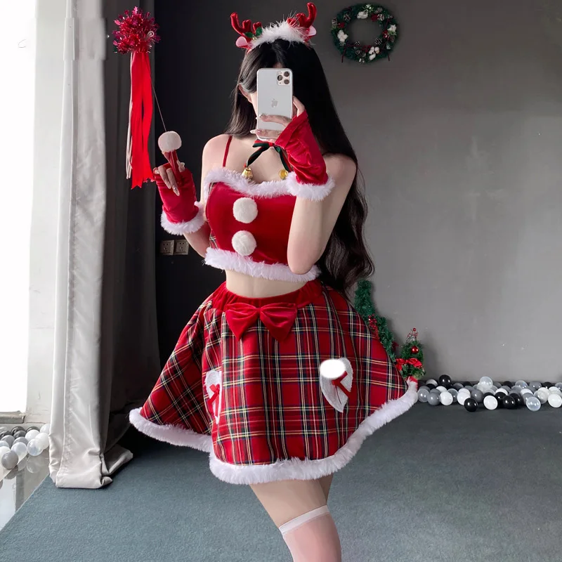 

Women's Dress Christmas Costume Sexy Nightclub Stage Costume Christmas Skirt Plaid Terylene Maid Uniform Party Cosplay Suit