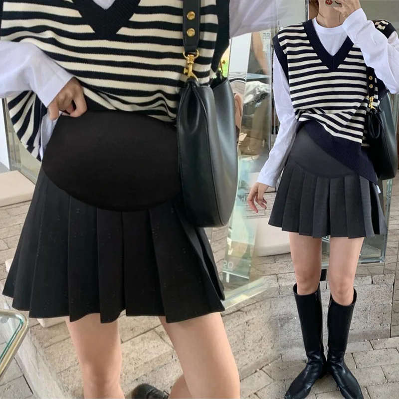 Maternity Pleated Skirt Spring Autumn Solid Colour Mini Skirt Maternity Nursing With Lining