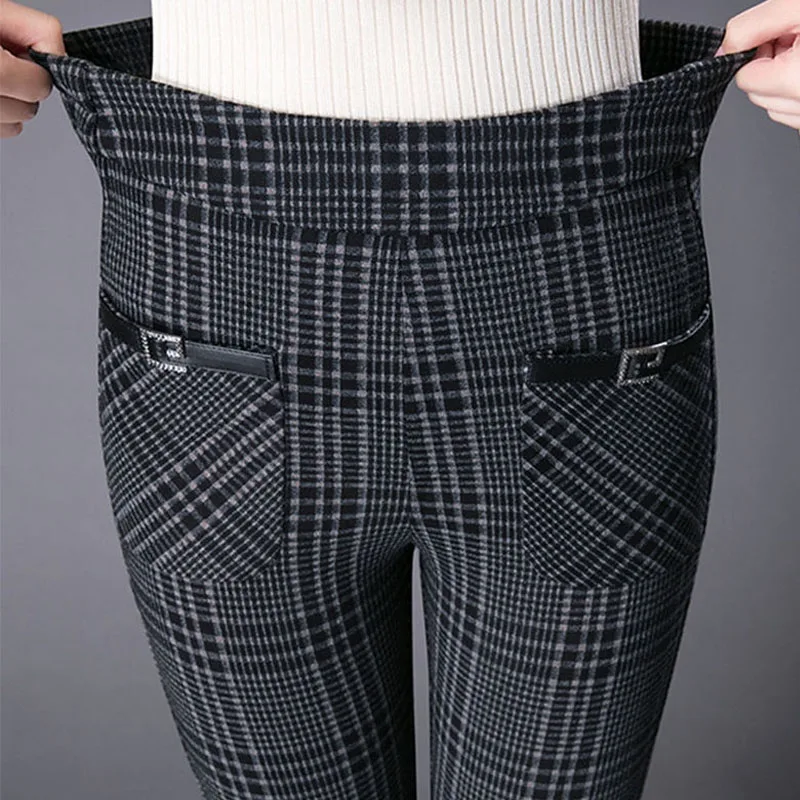 Fashion Commute Elastic High Waist Plaid Trousers Autumn Winter Women's Clothing New All-match Thick Slim Female Flare Pants