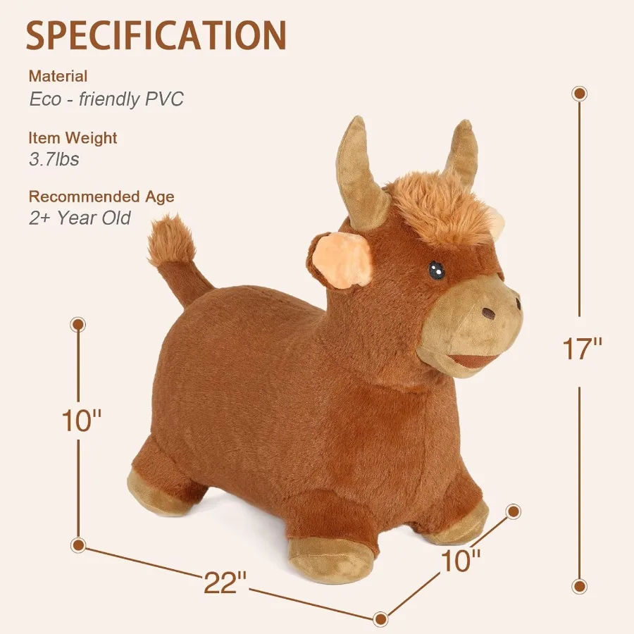 INPANY Bouncy Bull Hopping Toys-Toddler Brown Plush Cow Hopper Inflatable Farm Animal Hopper Horse Outdoor Indoor Ride on Rub