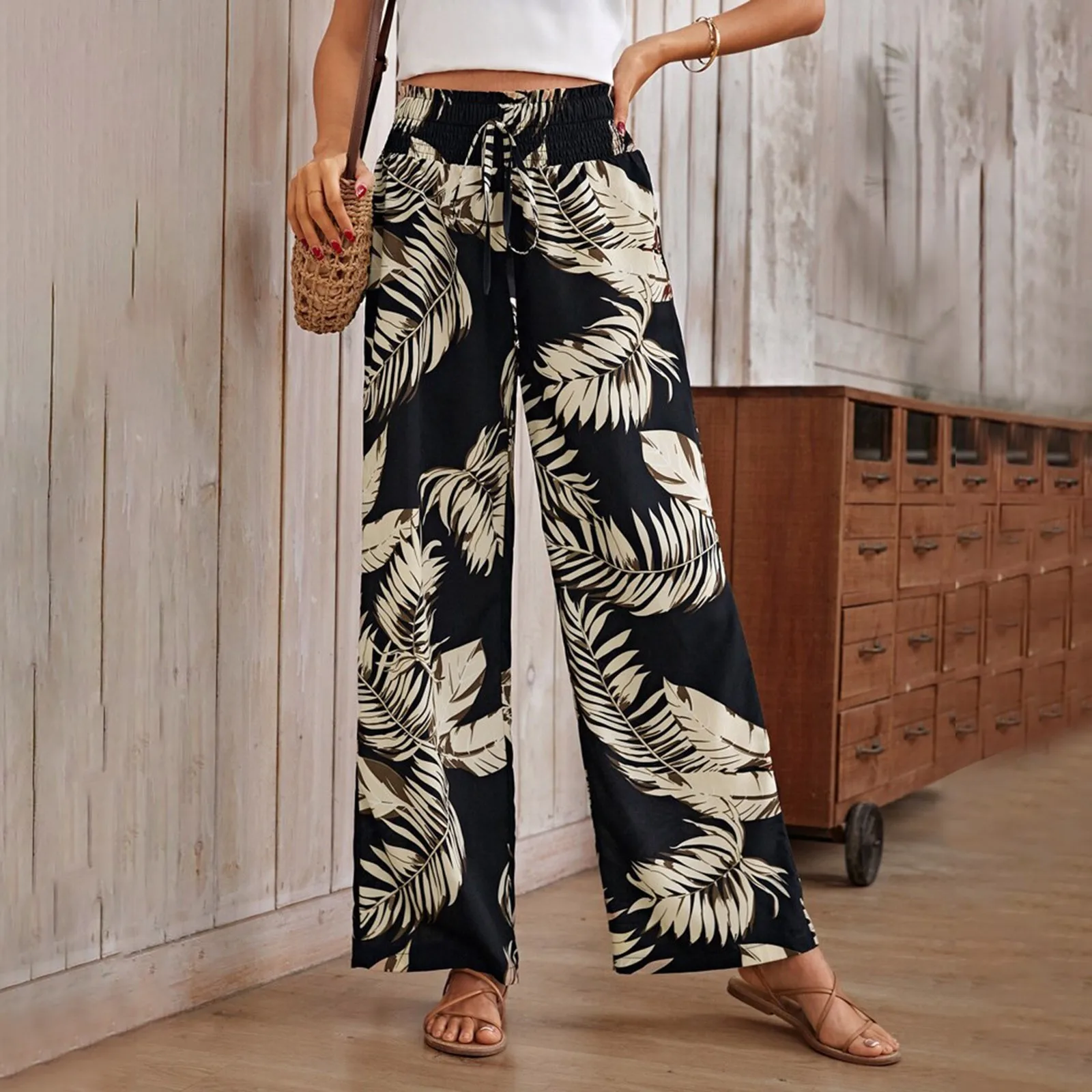 

2024 Ladies Tropical Leisure Drawstring High Waist Wide Leg Pants Bohemia Print Elasticated Waist Beach Long Maxi Trousers