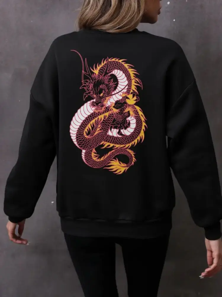 Dragon Print Pullover Sweatshirt Casual Long Sleeve Crew Neck Hoodies For Fall & Winter Female Loose Pullover Clothes