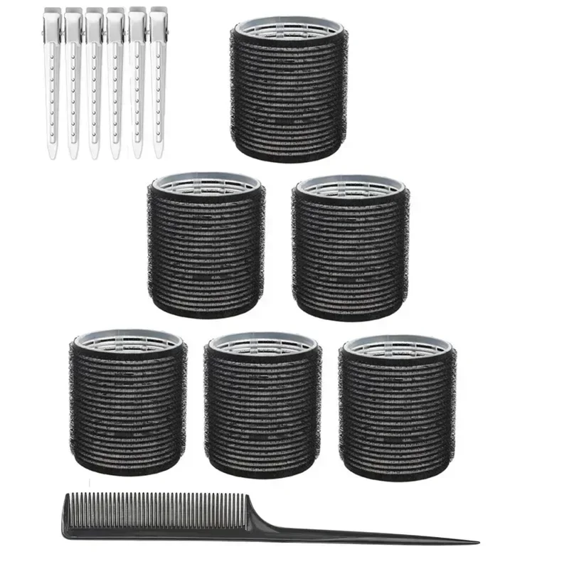 13pcs Black Self Grip Hair Rollers No Heat Hair Curlers Heatless Curls Bangs Volume Self-adhesive Hook DIY Styling Tools