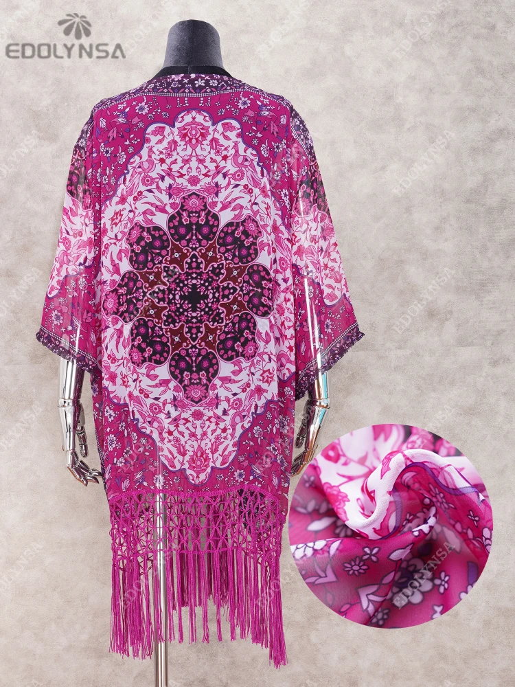 s Beach Cover up Floral Romantic Swimwear Ladies Pareo Beach Cape Purple Tassel Dress Chiffon Swimwear #Q149