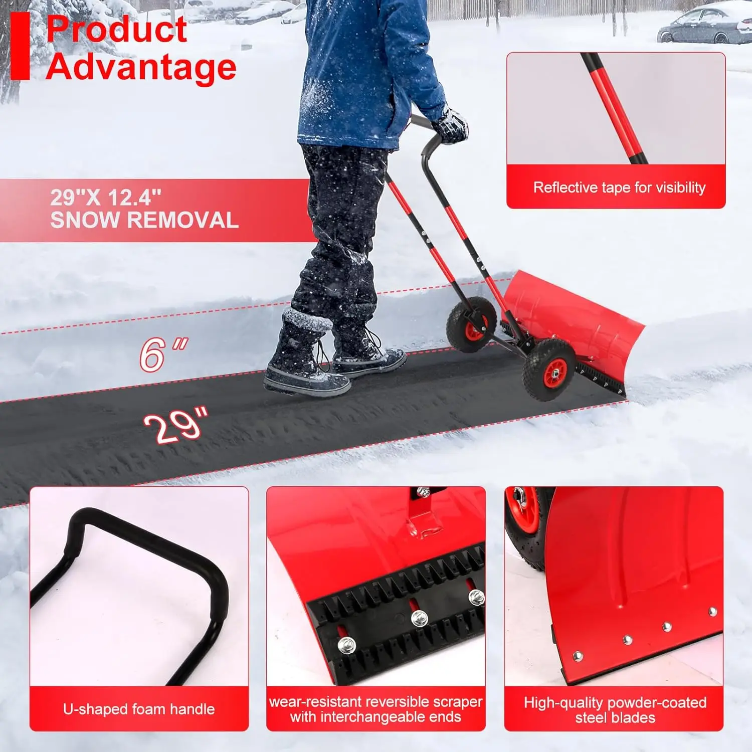 29" snow shovel with wider wheels,efficient snow removal tool,snow plow with adjustable handle and angled blade,snow pusher